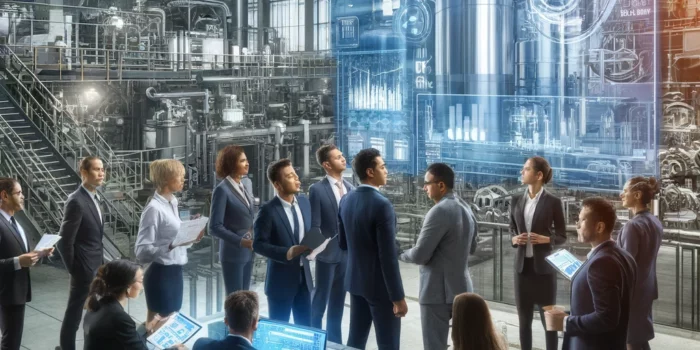 DALL·E 2024-04-29 20.42.28 - An industrial setting illustrating the implementation of an effective management system. The scene shows a diverse group of professionals, both male a